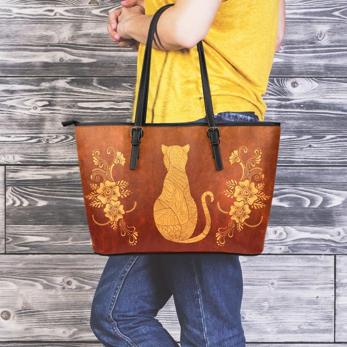 Cat Large Leather Tote Bag - Lto062Pa