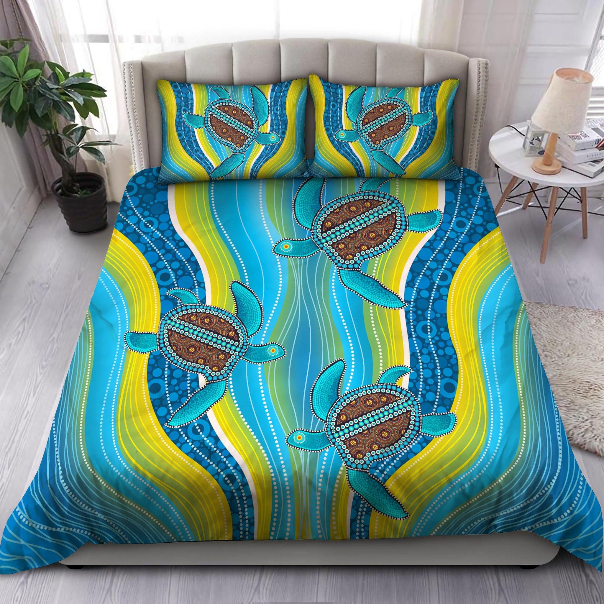 Aboriginal Bedding Set, Australia Indigenous Blue Turtles Painting Art Bedding Set TR3006201-HC
