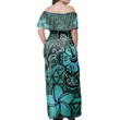 Alohawaii Dress - Hawaii Mix Polynesian Turtle Plumeria Nick Style Turquoise Off Shoulder Long Dress