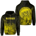 Alohawaii Clothing, Zip Hoodie Tropic Hibiscus Seal Of Hawaii, Yellow | Alohawaii.co