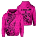 Alohawaii Clothing, Zip Hoodie Polynesian Kakau Turtle Map Of Hawaii Pink | Alohawaii.co