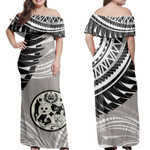 Alohawaii Dress - Sila Tonga Polynesian Wing Grey Off Shoulder Long Dress