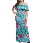 Alohawaii Dress - Tropical Hibiscus Blue Off Shoulder Long Dress