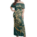 Alohawaii Dress - Hawaii Triple Marble Turtle Polynesian Hibiscus Benjamin Style Green Off Shoulder Long Dress