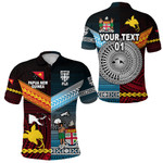 (Custom Personalised) Papua New Guinea Polynesian And Fiji Tapa Together Polo Shirt - Blue, Custom Text And Number
