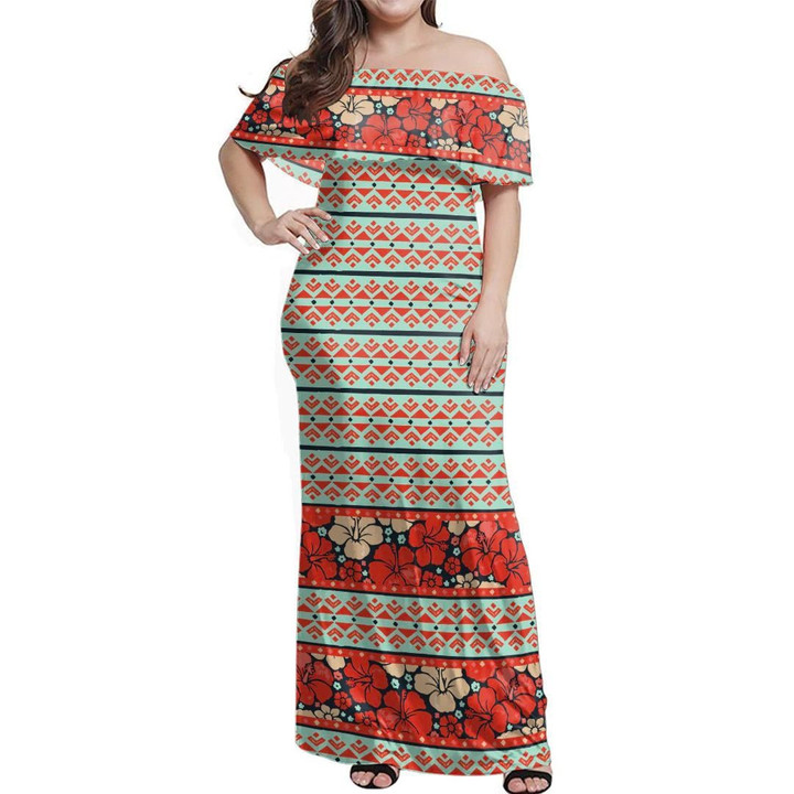 Alohawaii Dress - Reddie Hibiscus Lines Off Shoulder Long Dress
