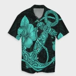 AmericansPower Shirt - Hawaiian Anchor Poly Tribal Hibiscus Polynesian Hawaiian Shirt Turquoise