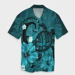 AmericansPower Shirt - Hawaiian Map Big Turtle Hibiscus Plumeria Tribal Polynesian Hawaiian Shirt Turquoise