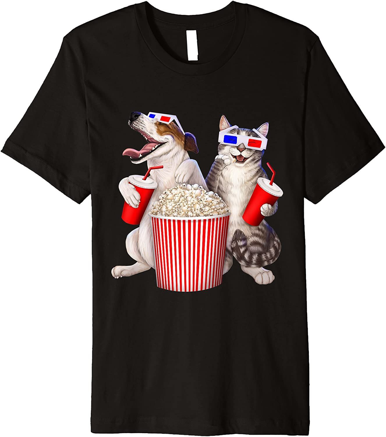 Mens Cat and dog eating popcorn and soda. Watching a movie. T-Shirt