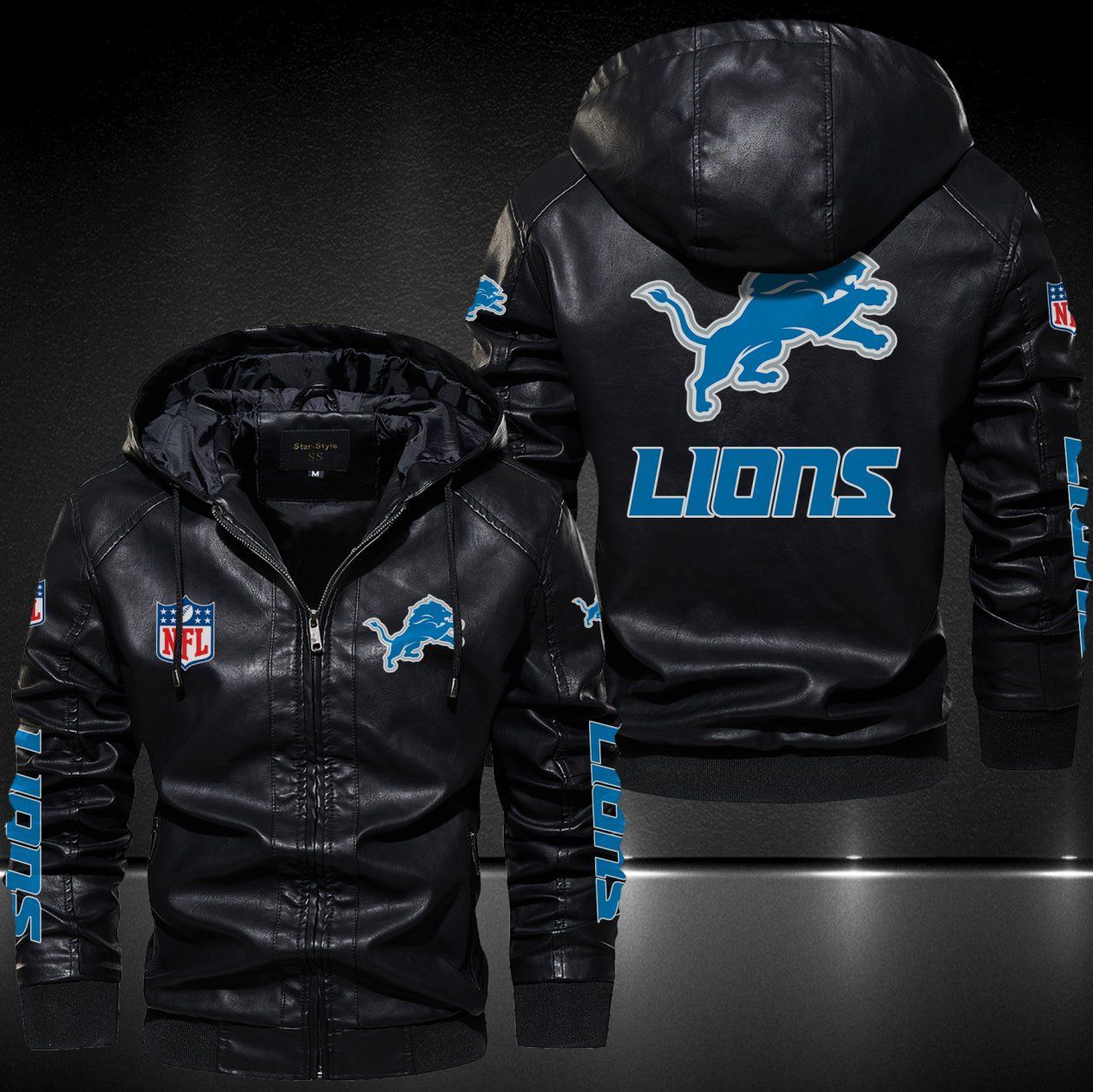 Detroit Lions Hooded Leather Jacket 9080