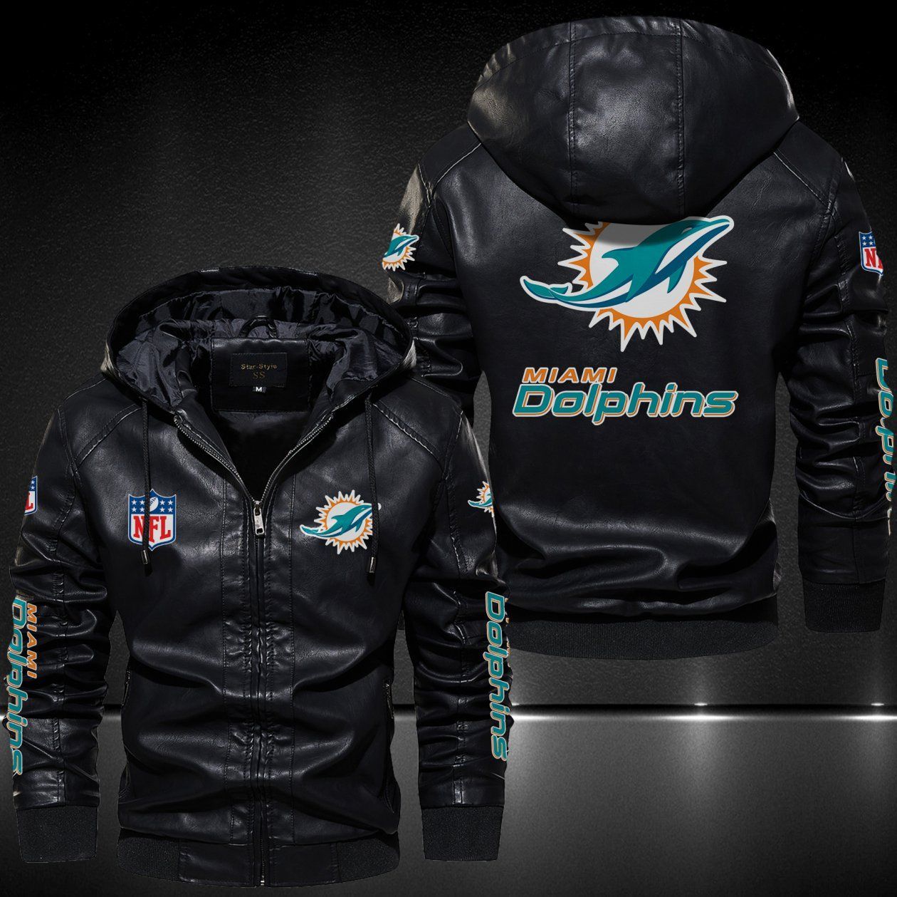 Miami Dolphins Hooded Leather Jacket 9088