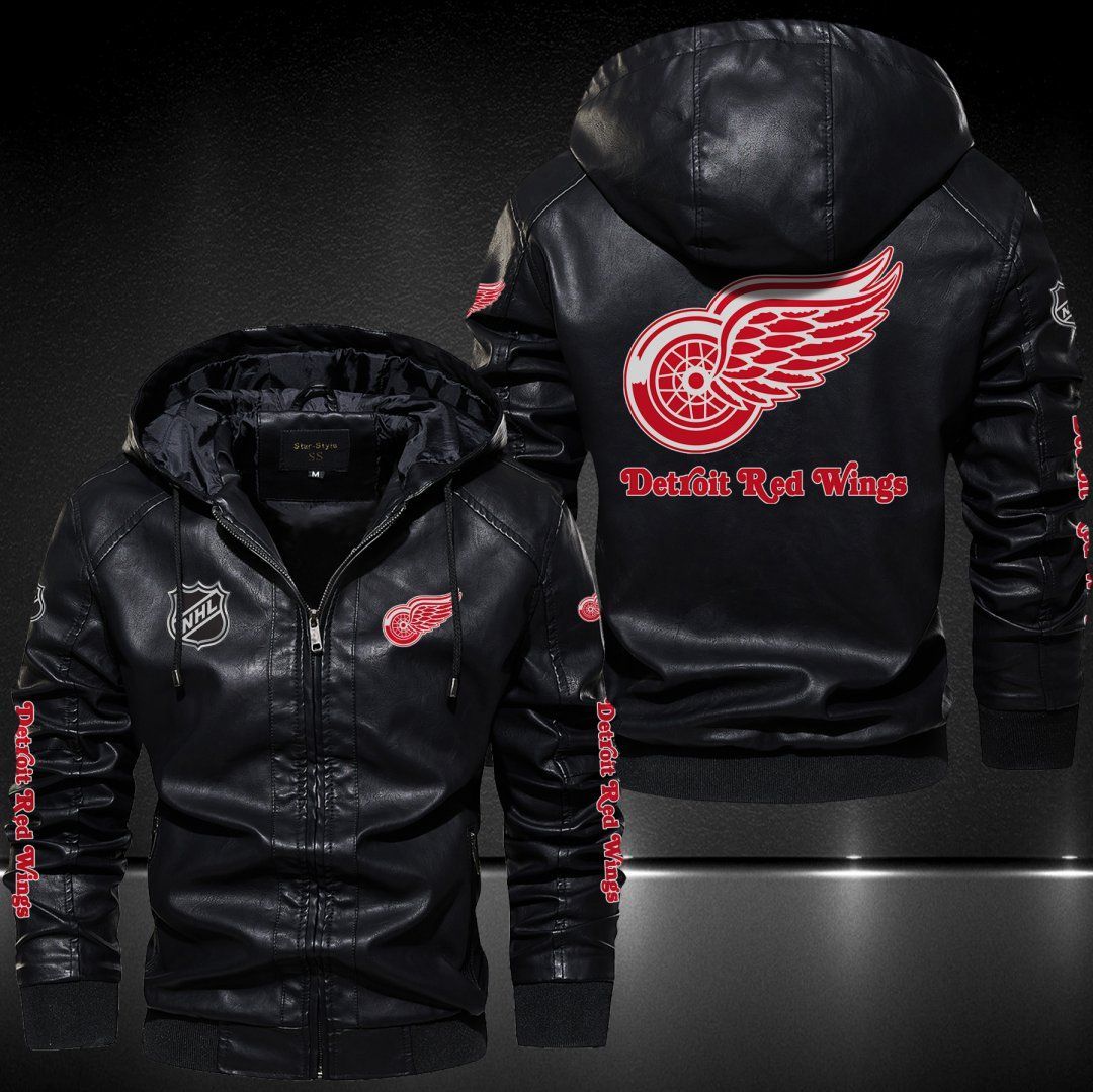 Detroit Red Wings Hooded Leather Jacket 9112