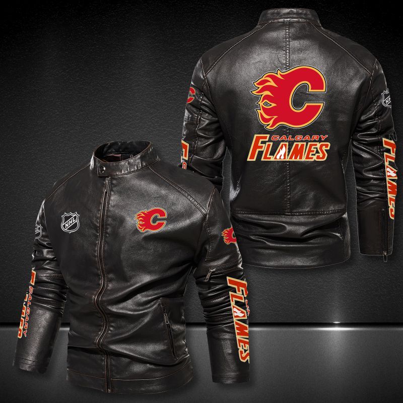 Calgary Flames Collar Leather Jacket 2004