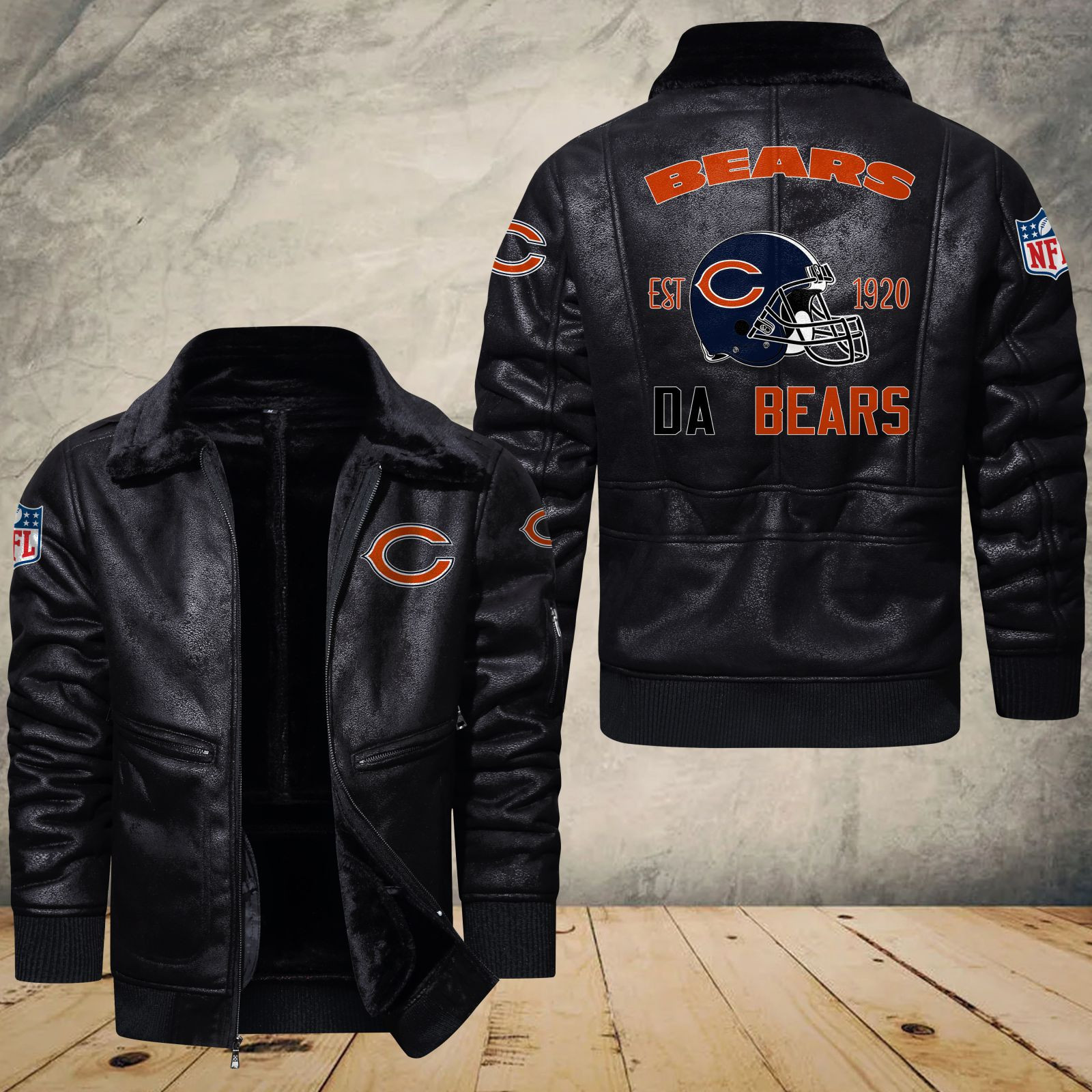 Chicago Bears Fleece Leather Bomber Jacket 1166