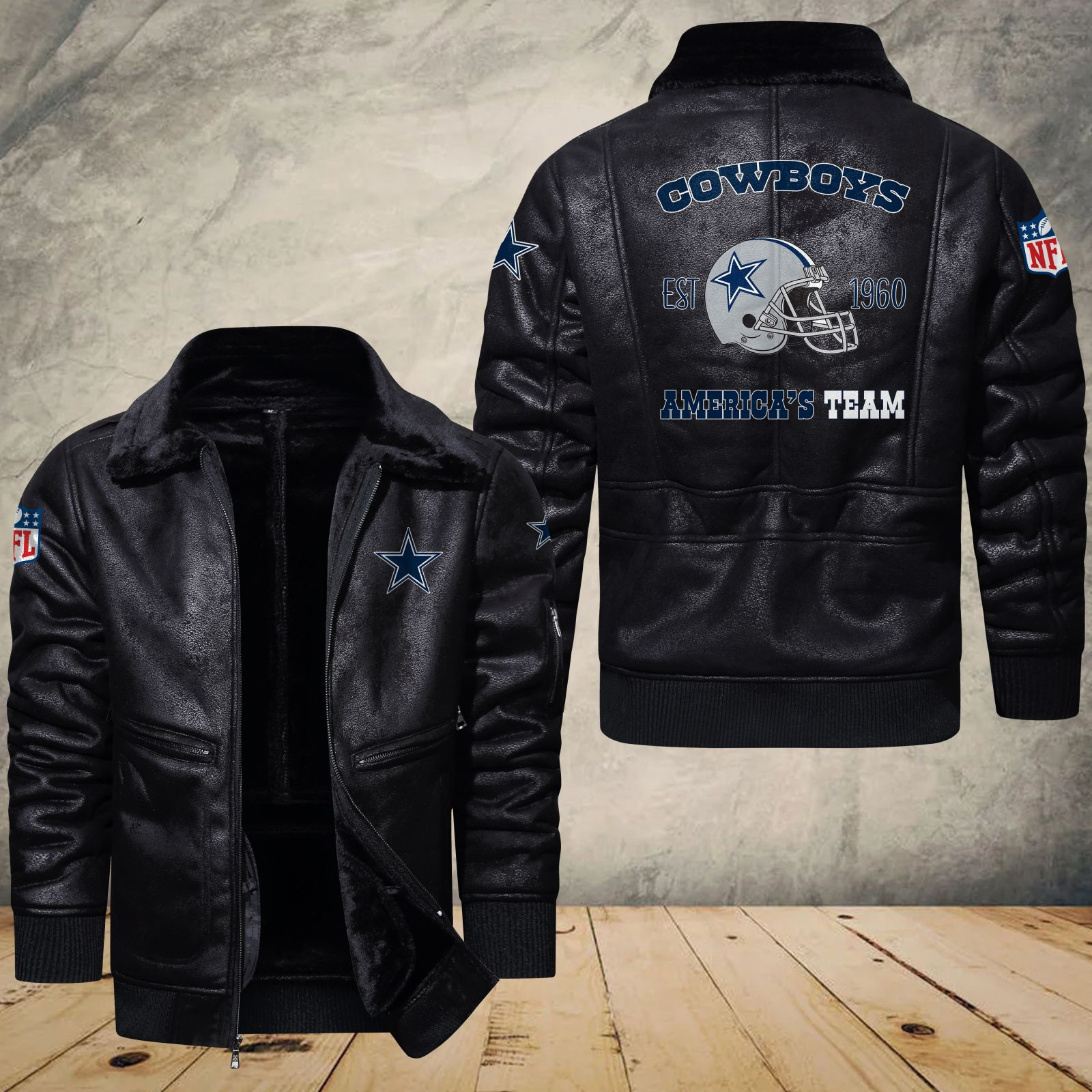Dallas Cowboys Fleece Leather Bomber Jacket 1169
