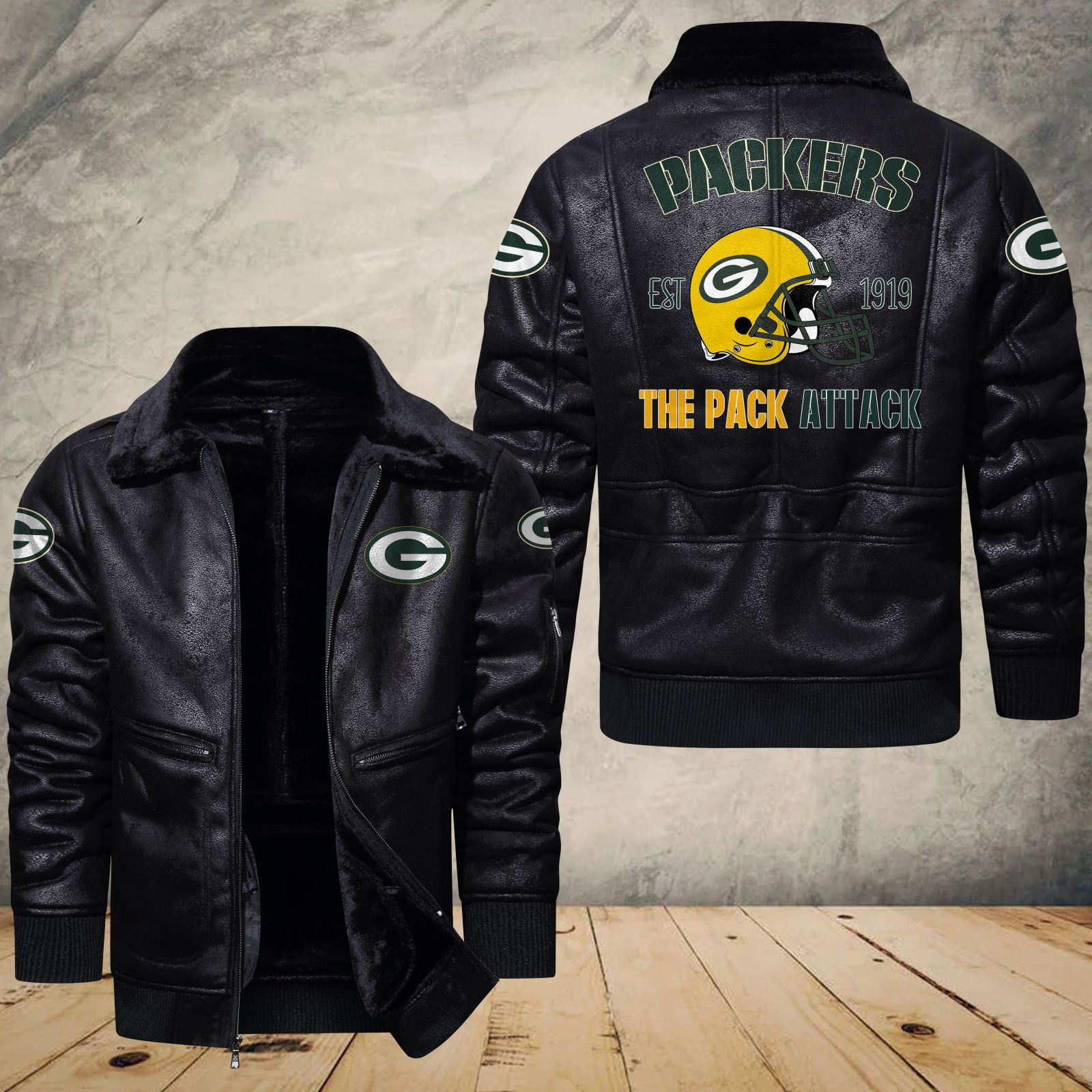 Green Bay Packers Fleece Leather Bomber Jacket 1172