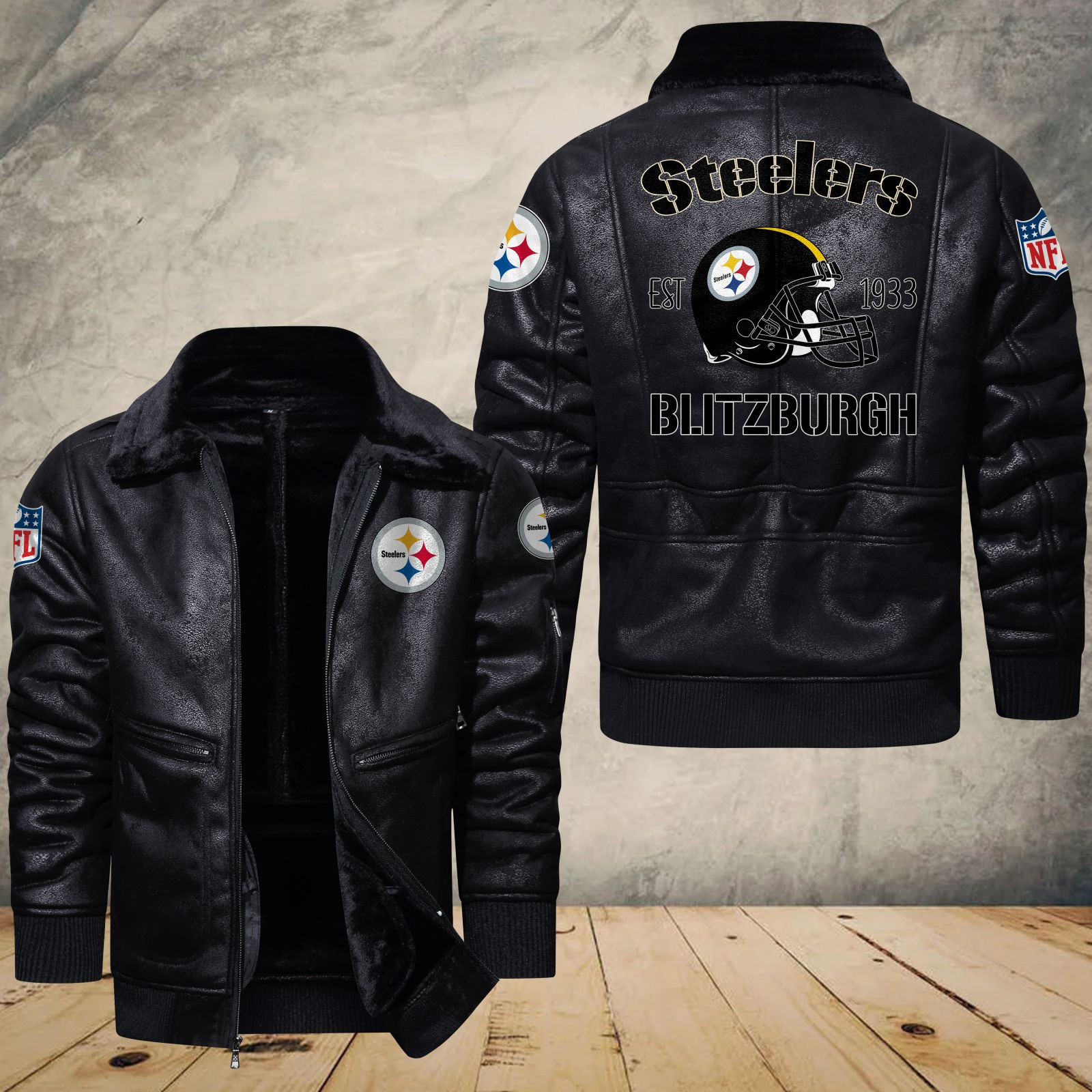 Pittsburgh Steelers Fleece Leather Bomber Jacket 1187