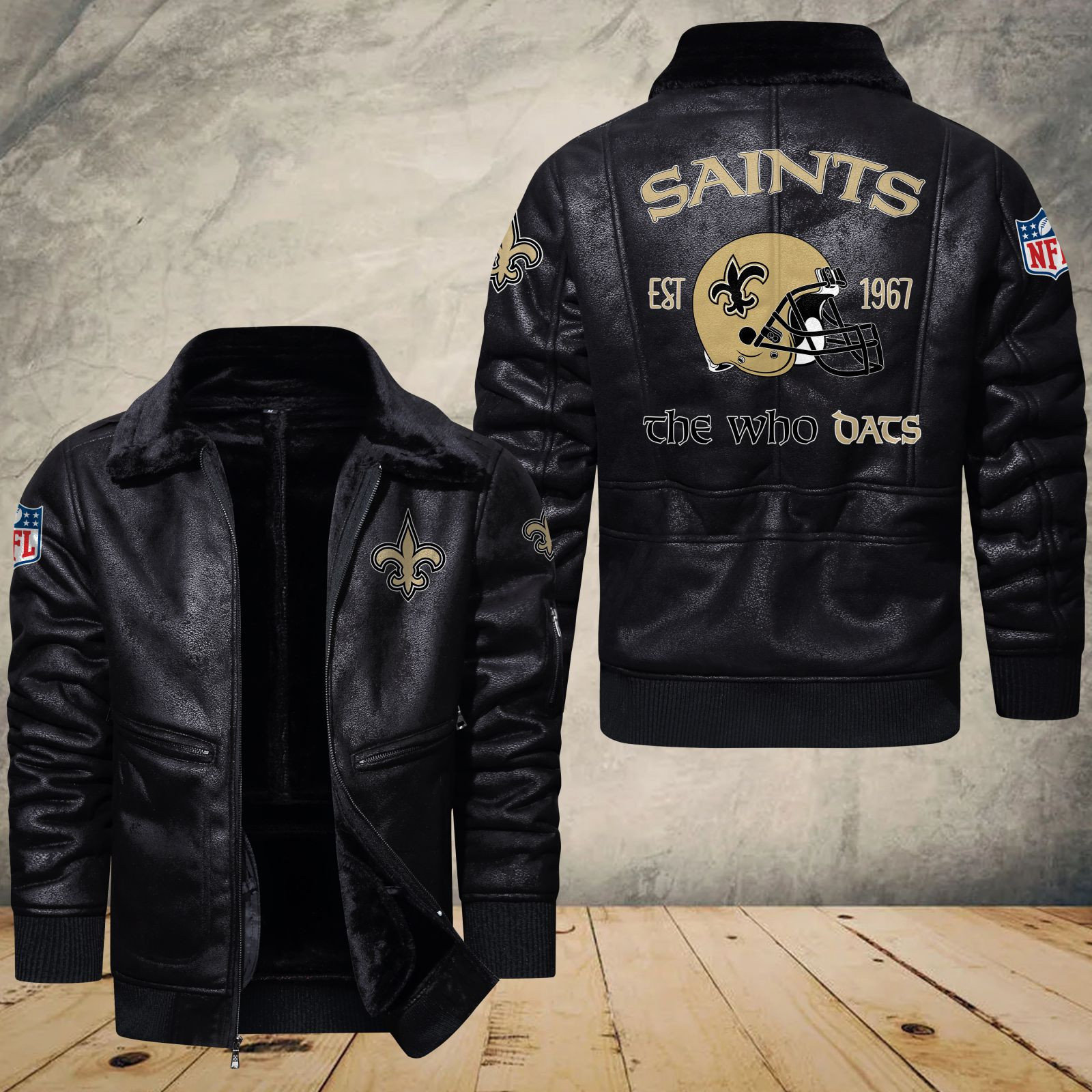 New Orleans Saints Fleece Leather Bomber Jacket 1182 – Furmaly