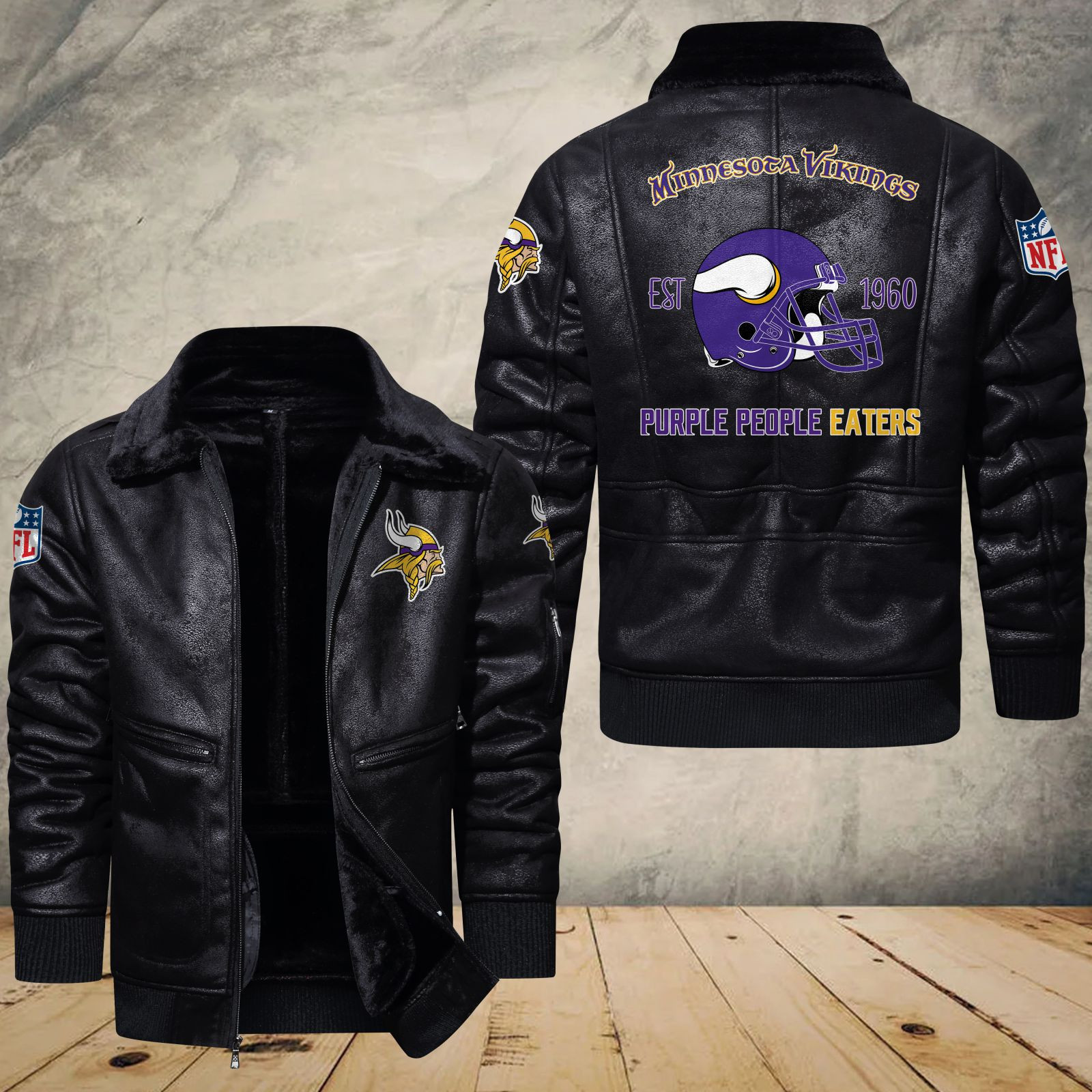Minnesota Vikings Fleece Leather Bomber Jacket 1180