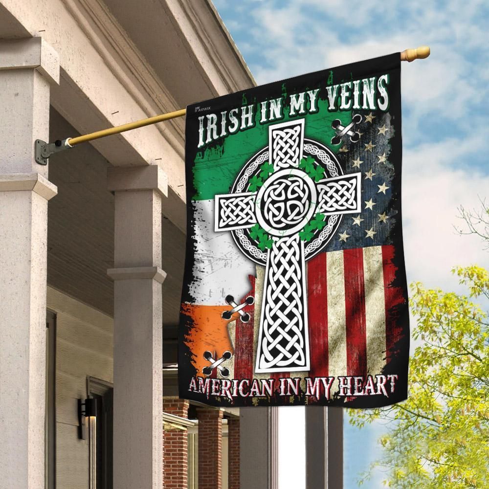 Details about   Irish In My Veins American In My Heart Celtic Knot Cross House Flag Garden High 