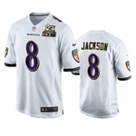 Baltimore Ravens Lamar Jackson White 2X Super Bowl Champions Patch Game Jersey