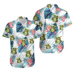Baby Yoda Hugging Coconuts Seamless Tropical Blue Leaves Colorful Flowers On White Hawaiian Shirt