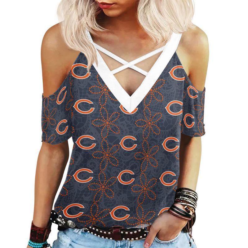 MiddilyChicago Bears Flower Pattern Limited Edition Summer Collection Women Criss Cross Shoulderless Tshirt XS-2XL NLA009819