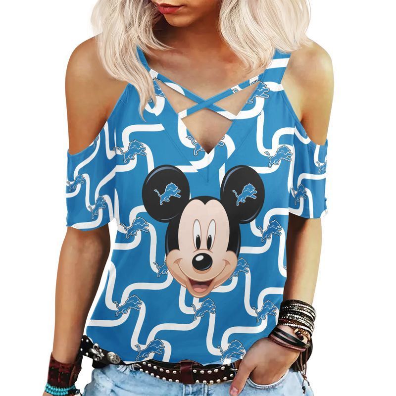 MiddilyDetroit Lions Mickey Limited Edition Summer Collection Women Criss Cross Shoulderless Tshirt XS-2XL NLA010723