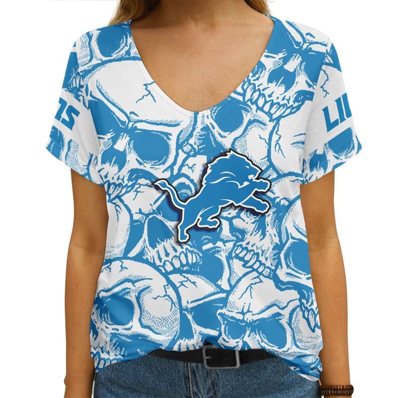 MiddilyDetroit Lions Skull Limited Edition Summer Collection Women V Neck T-shirt XS-2XL NLA012223