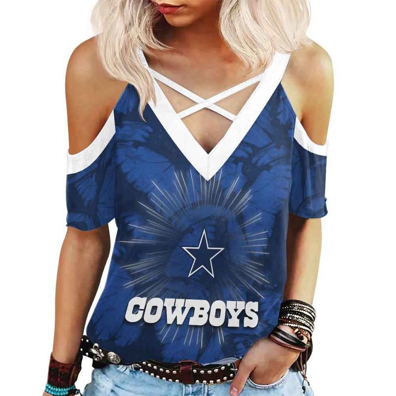 MiddilyDallas Cowboys Butterfly Limited Edition Summer Collection Women Criss Cross Shoulderless Tshirt XS-2XL NLA013401
