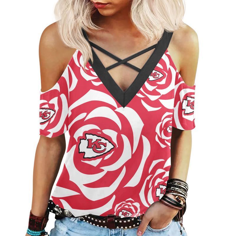 MiddilyKansas City Chiefs Roses Limited Edition Summer Collection Women Criss Cross Shoulderless Tshirt XS-2XL NLA011010