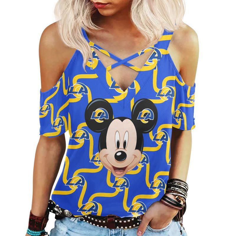 MiddilyLos Angeles Rams Mickey Limited Edition Summer Collection Women Criss Cross Shoulderless Tshirt XS-2XL NLA010725