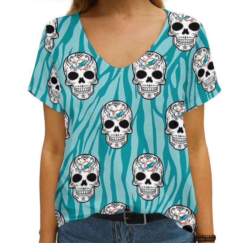 MiddilyMiami Dolphins Skull Limited Edition Summer Collection Women V Neck T-shirt XS-2XL NLA011808