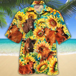 Red Angus Cattle Lovers Sunflower Watercolor Hawaiian Shirt