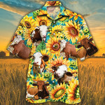 Simmental Cattle Lovers Sunflower Watercolor Hawaiian Shirt