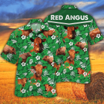 Red Angus Cattle Lovers Green Floral Pattern Hawaiian Shirt