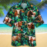 TX Longhorn Cattle Lovers Tropical Leaves Hawaiian Shirt