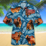 Red Brahman Cattle Lovers Blue Feather Hawaiian Shirt