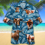 TX Longhorn Cattle Lovers Blue Feather Hawaiian Shirt