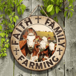 Hereford Cattle Lovers Faith Family Farming Round Wooden Sign 12" x 12"