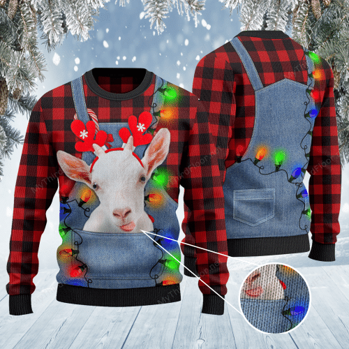 Goat Lovers Red Plaid Shirt And Denim Bib Overalls Knitted Sweater