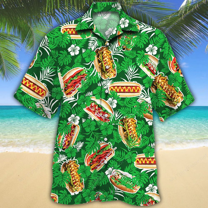 Hot Dog Lovers Green Floral Hawaiian Shirt