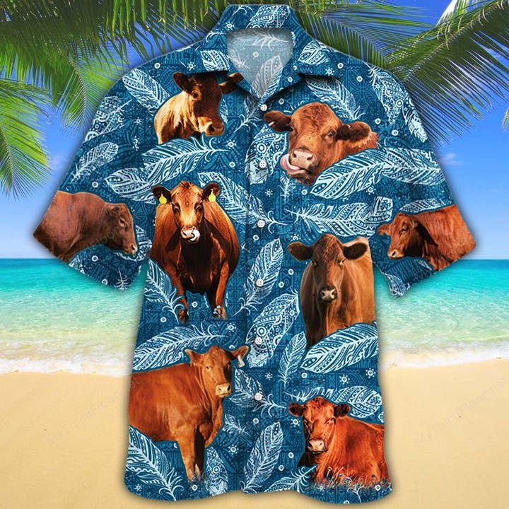 Red Angus Cattle Lovers Blue Feather Hawaiian Shirt