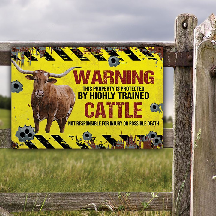 TX Longhorn Cattle Lovers Warning Protected Metal Sign