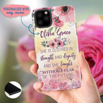 She is clothed in strength and dignity Proverbs 31:25 personalized name iPhone case