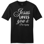 Jesus loves you and I'm trying mens Christian t-shirt - Gossvibes