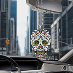 Mexican Sugar Skulls On Black Background Car Hanging Ornament