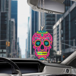 Colorful Sugar Skull Mexican And Floral On Black Background 2 Car Hanging Ornament