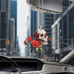 Human Skulls And Red Roses On Black Background Car Hanging Ornament
