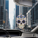 Human Skull With Bone On Blue Background Car Hanging Ornament